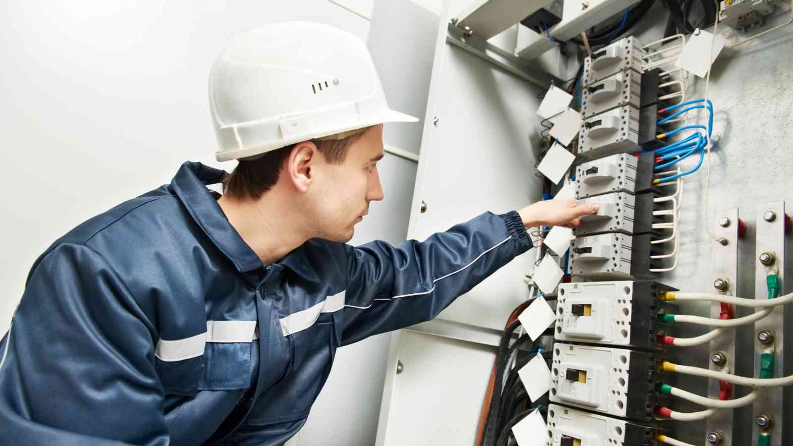 Electrician inspecting a commercial distribution board